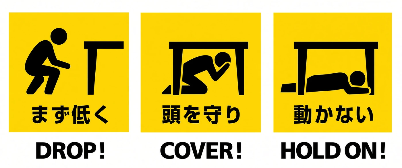 地震時的三個動作：先蹲低、護住頭部、抓穩不動