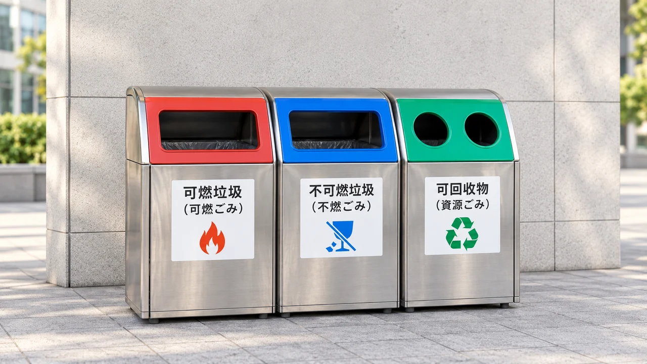 日本的三色垃圾分類箱：可燃垃圾、不可燃垃圾、可回收物